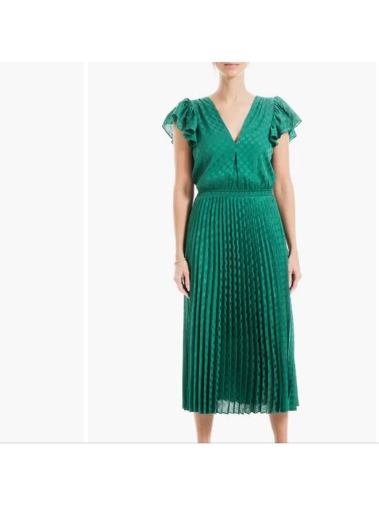 Max Studio Dresses & Skirts - Max Studio Jade Green Pleated Satin Polka Dot Midi Dress NWT Flutter Sleeve Sm